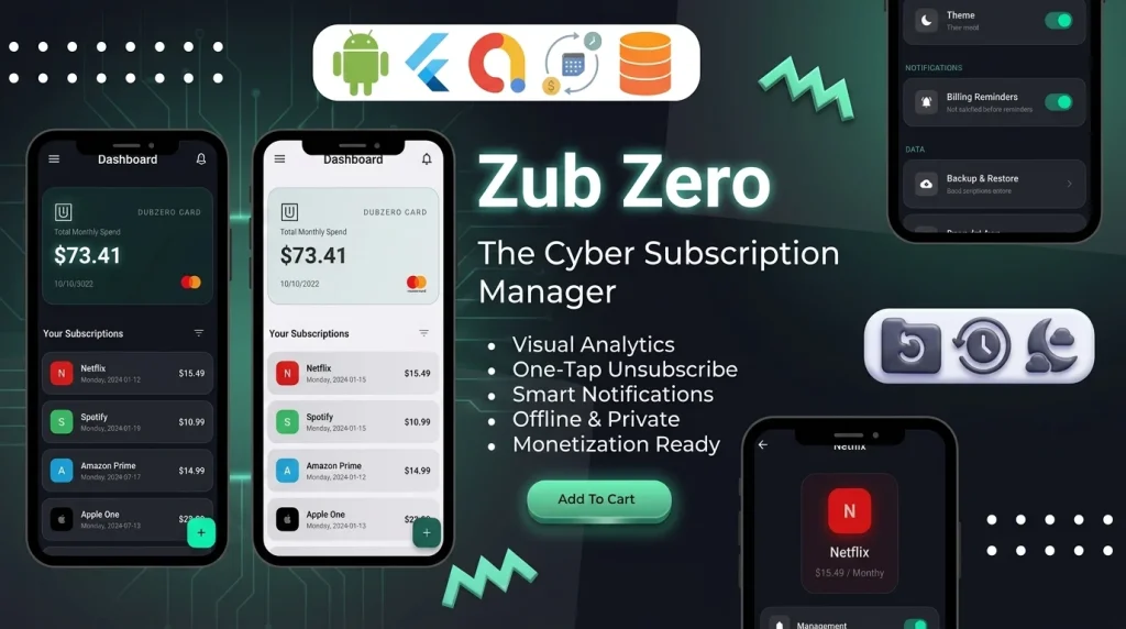 SubZero is a premium, offline-first Flutter app template expertly designed to help users track active subscriptions, control recurring bills, and analyze their daily financial habits by Stacklyn Labs