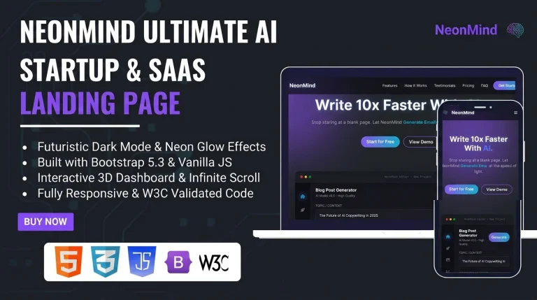 NeonMind is a premium, high-performance HTML landing page template designed specifically for Artificial Intelligence (AI) startups, SaaS platforms, and modern tech products by Stacklyn Labs
