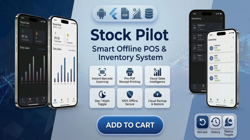 StockPilot is a premium, offline-first Flutter POS app template engineered for small to medium-sized business owners, retail shops, and mobile vendors by Stacklyn Labs