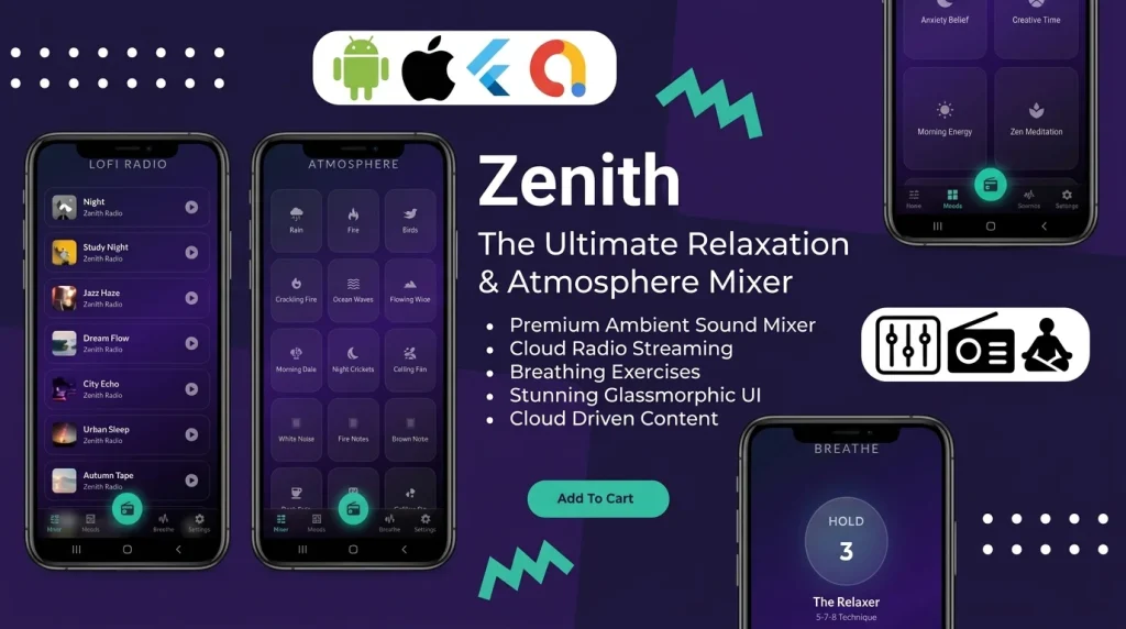Zenith is a premium, high-quality Flutter app template engineered specifically for the booming digital wellness, sleep tracking, and productivity markets by Stacklyn Labs