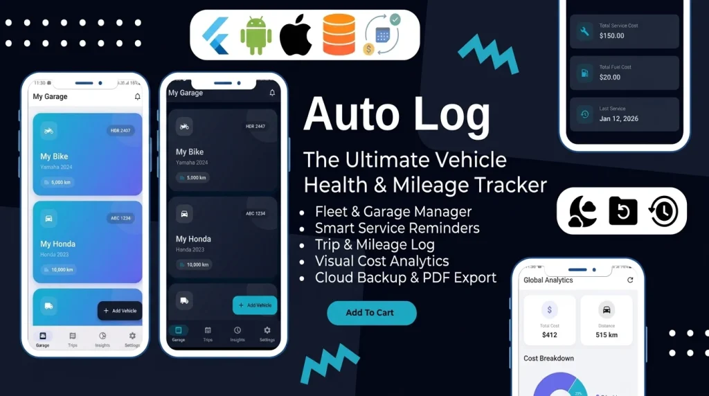 AutoLog is a premium, offline-first Flutter app template engineered for individuals, freelancers, and small business owners by Stacklyn Labs