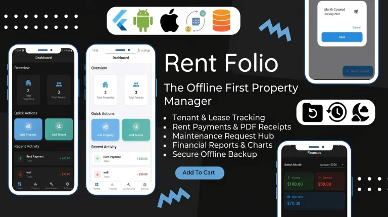 Rent Folio is a premium, offline-first Flutter app template specifically engineered for landlords, real estate investors, and property managers by Stacklyn Labs