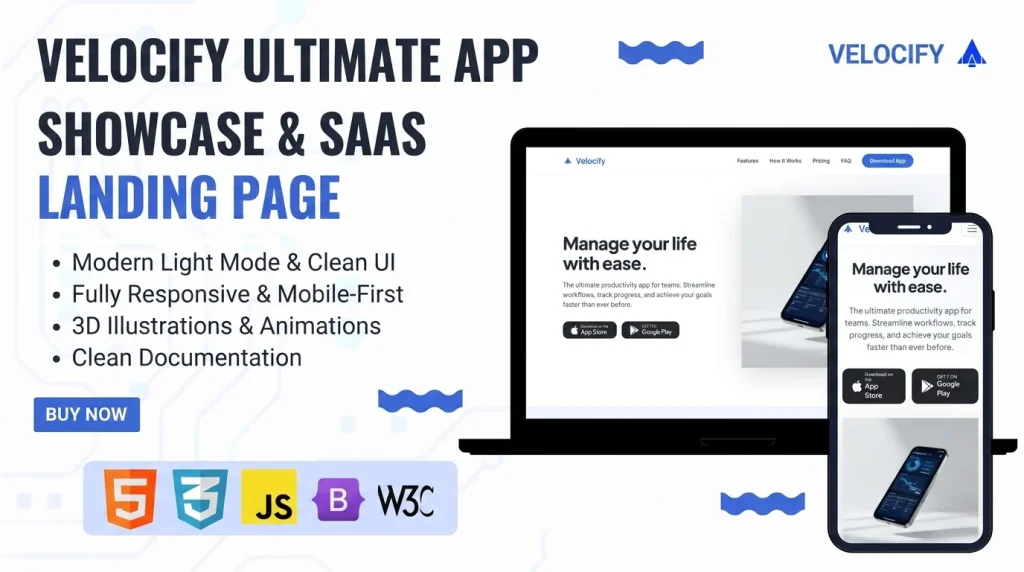 Velocify is a stunning, professionally designed HTML landing page template crafted specifically for Mobile Apps, SaaS products, and Tech Startups by Stacklyn Labs
