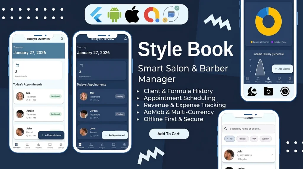 StyleBook is a premium, offline-first Flutter app template designed specifically for the beauty and grooming industry by Stacklyn Labs
