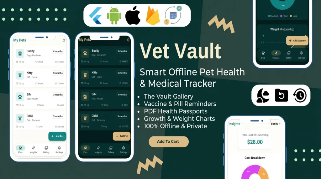 Vet Vault is a premium, offline-first Flutter app template designed for pet owners, veterinary clinics, and animal shelters by Stacklyn Labs