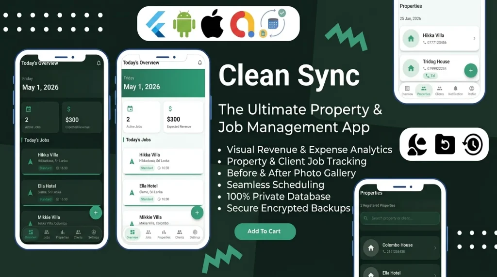 CleanSync is a premium, offline-first Flutter app template meticulously engineered for independent cleaners, property managers, and maintenance professionals by Stacklyn Labs