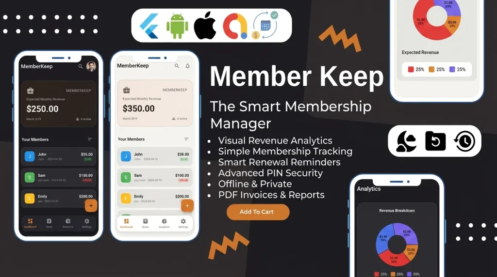 MemberKeep is a premium, offline-first Flutter app template meticulously engineered for freelancers, agency owners, gym managers, and small business operators by Stacklyn Labs