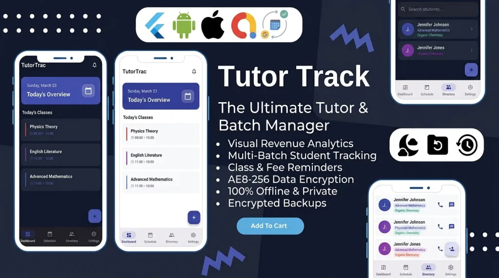TutorTrack is a premium, offline first Flutter app template meticulously engineered for independent tutors, private educators, and small coaching centers by Stacklyn Labs